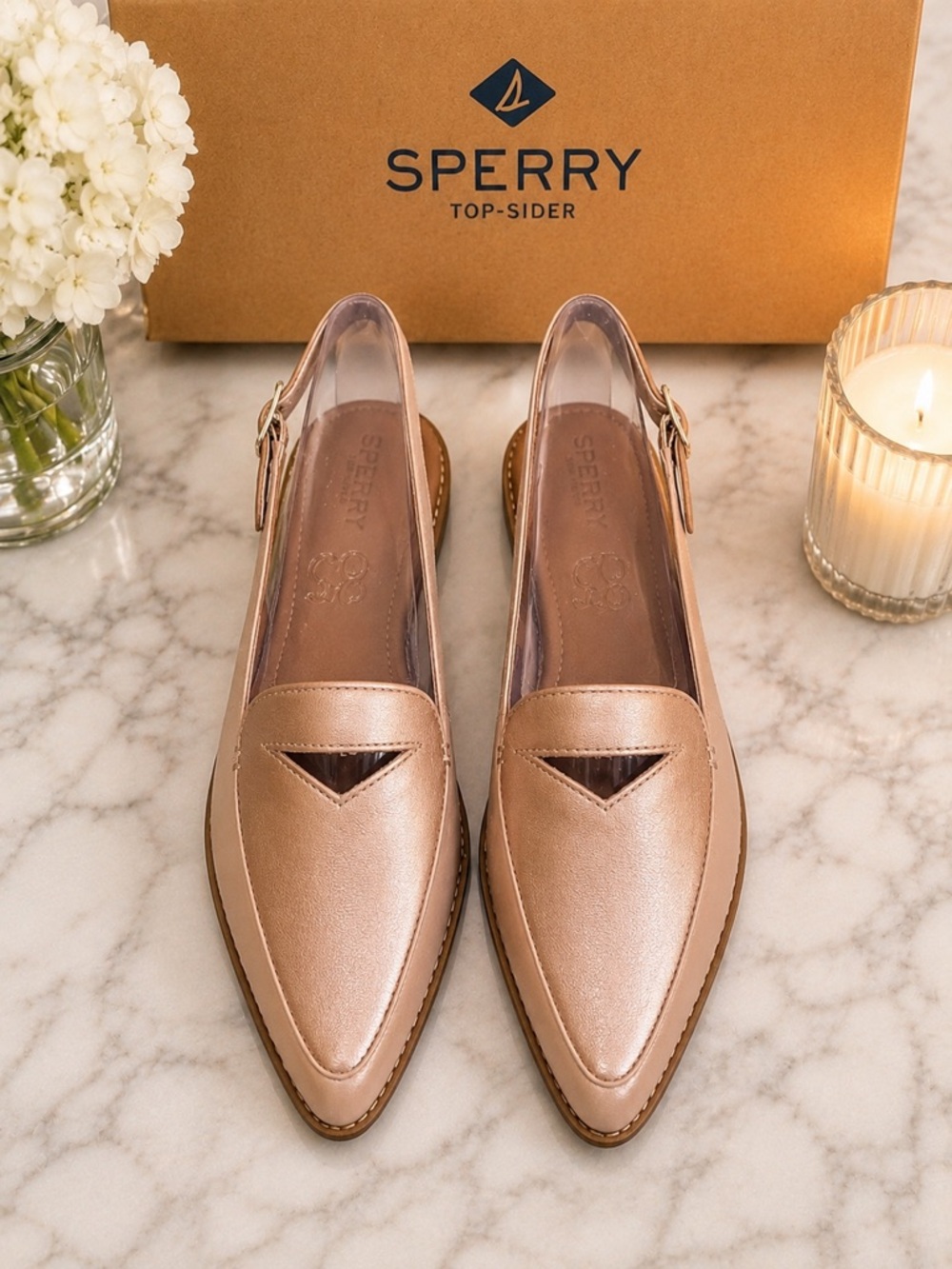 Sperry Saybrook Sling Pearl Rose Pointed Toe Leather Loafers/MSRP $110